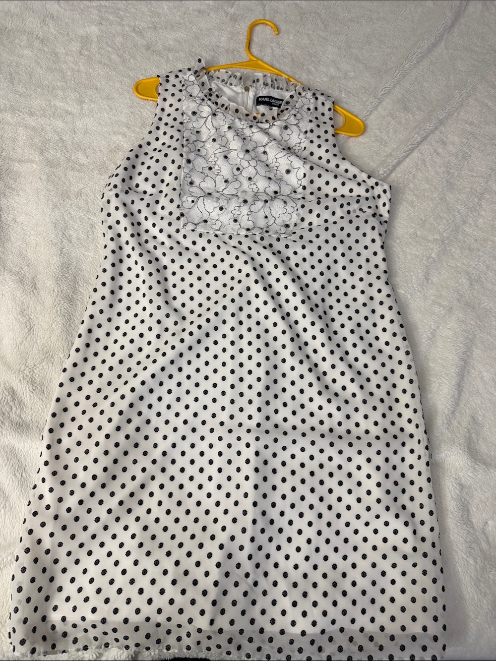 Karl Lagerfeld White Polka Dot Sleeveless Shift Dress with Lace Yoke